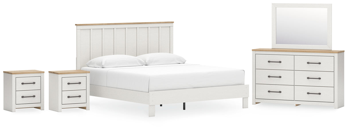 Linnocreek King Panel Bed with Mirrored Dresser and 2 Nightstands in White/Warm Brown from Ashley - Luna Furniture