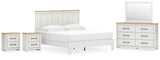 Linnocreek King Panel Bed with Mirrored Dresser and 2 Nightstands in White/Warm Brown from Ashley - Luna Furniture