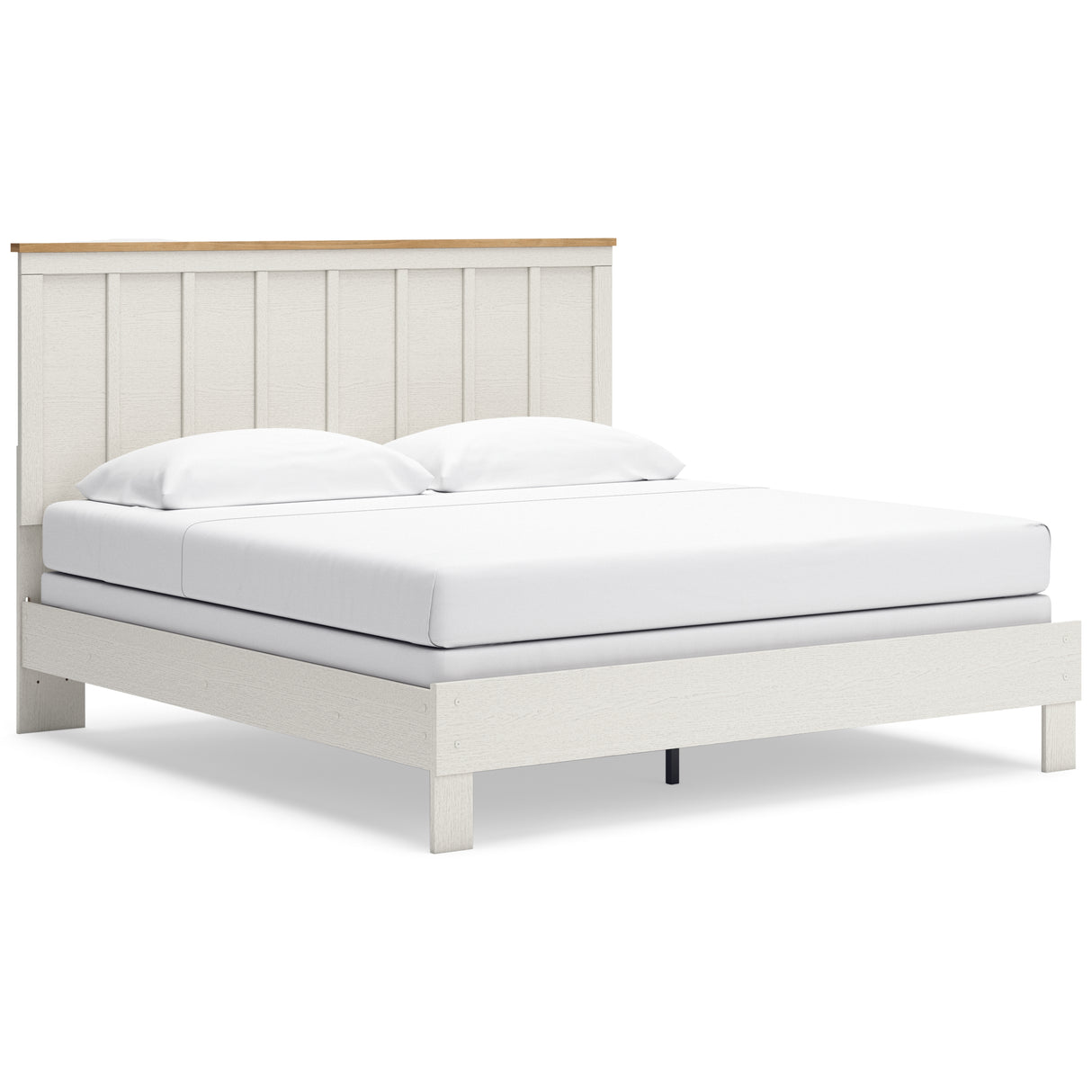 Linnocreek King Panel Bed with Mirrored Dresser and Chest in White/Warm Brown from Ashley - Luna Furniture