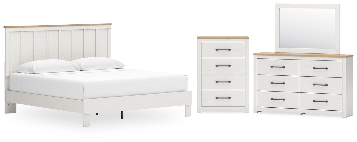 Linnocreek King Panel Bed with Mirrored Dresser and Chest in White/Warm Brown from Ashley - Luna Furniture