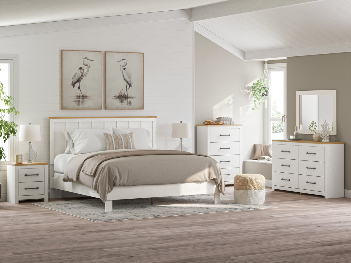 Linnocreek King Panel Bed with Mirrored Dresser and Chest in White/Warm Brown from Ashley - Luna Furniture