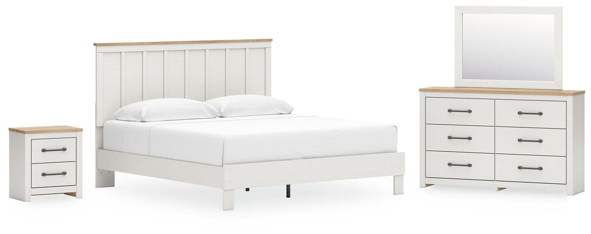 Linnocreek King Panel Bed with Mirrored Dresser and Nightstand in White/Warm Brown from Ashley - Luna Furniture