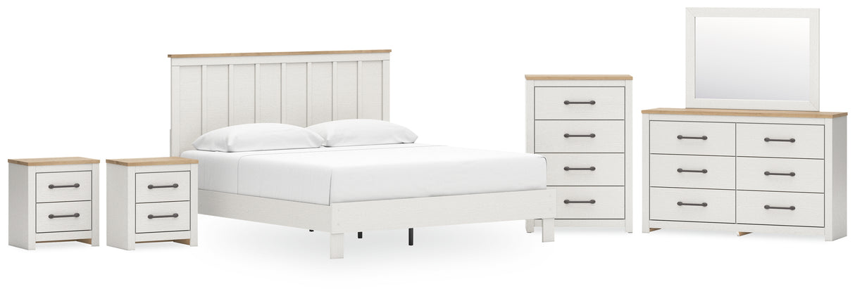 Linnocreek King Panel Bed with Mirrored Dresser, Chest and 2 Nightstands in White/Warm Brown from Ashley - Luna Furniture