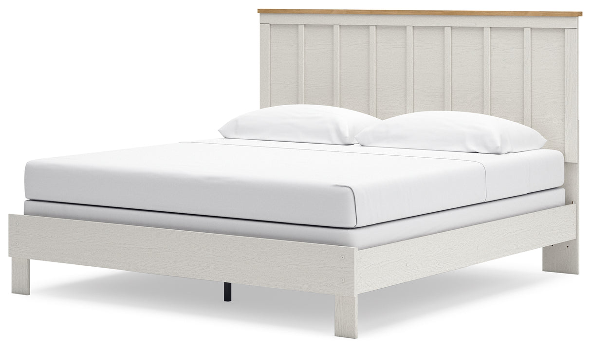 Linnocreek King Panel Bed with Mirrored Dresser in White/Warm Brown from Ashley - Luna Furniture