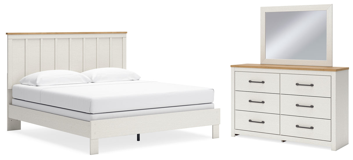 Linnocreek King Panel Bed with Mirrored Dresser in White/Warm Brown from Ashley - Luna Furniture