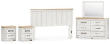 Linnocreek King Panel Headboard with Mirrored Dresser and 2 Nightstands in White/Warm Brown from Ashley - Luna Furniture