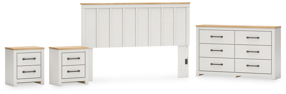 Linnocreek King Panel Headboard with Mirrored Dresser and 2 Nightstands in White/Warm Brown from Ashley - Luna Furniture