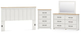 Linnocreek King Panel Headboard with Mirrored Dresser and Chest in White/Warm Brown from Ashley - Luna Furniture