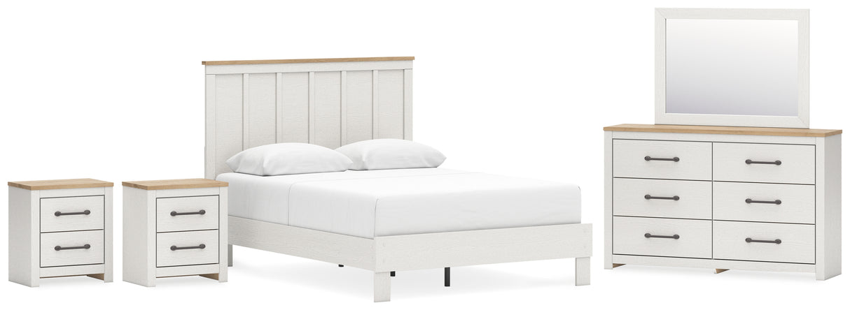 Linnocreek Queen Panel Bed with Mirrored Dresser and 2 Nightstands in White/Warm Brown from Ashley - Luna Furniture