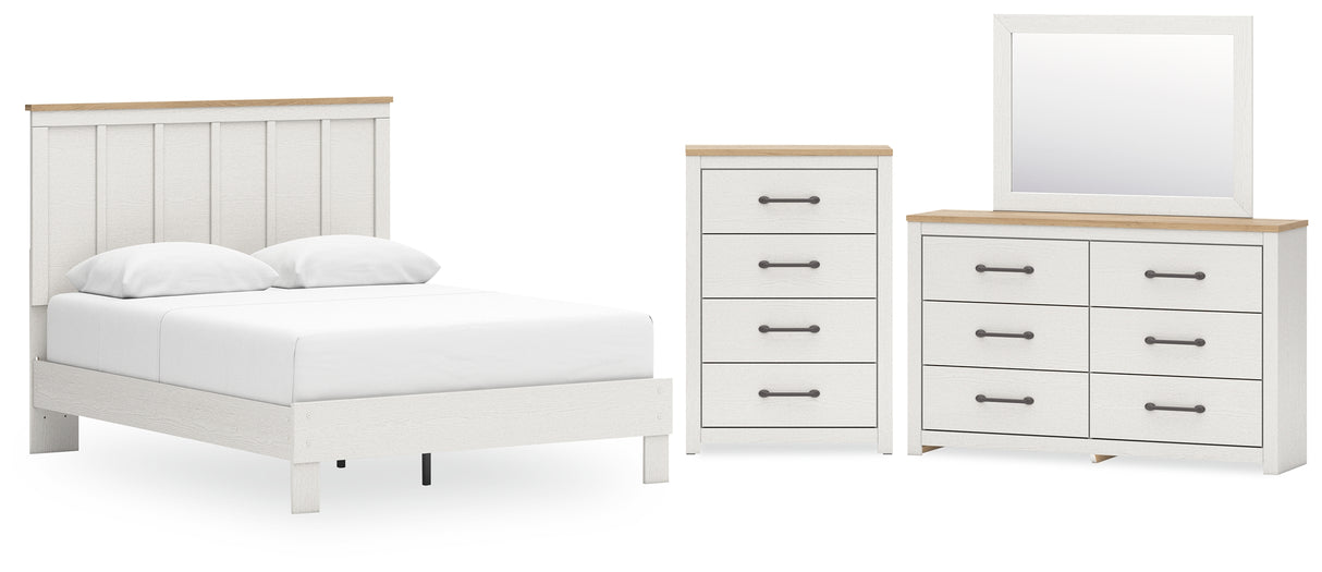 Linnocreek Queen Panel Bed with Mirrored Dresser and Chest in White/Warm Brown from Ashley - Luna Furniture