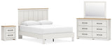 Linnocreek Queen Panel Bed with Mirrored Dresser and Nightstand in White/Warm Brown from Ashley - Luna Furniture