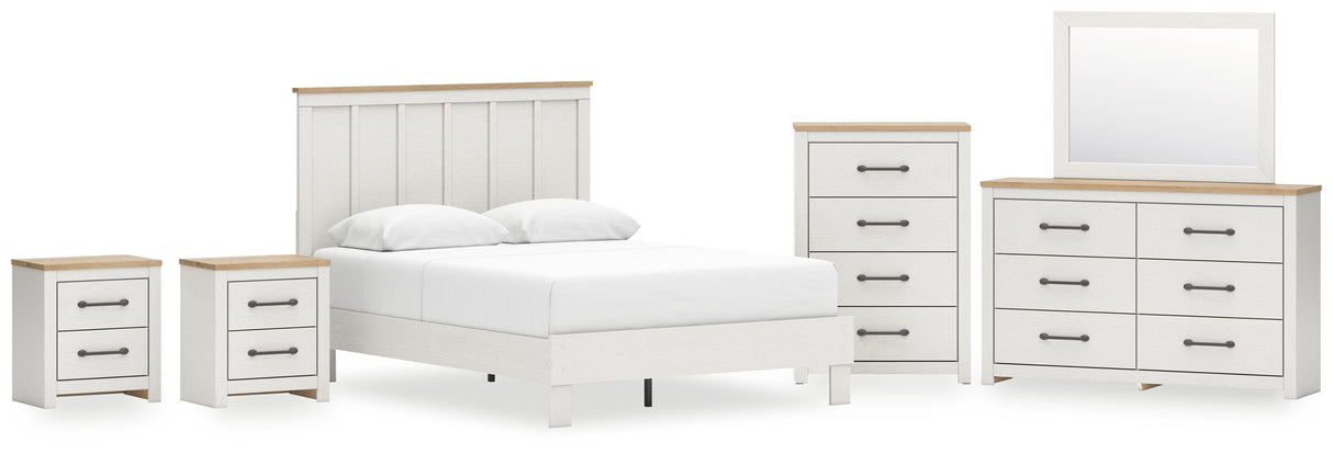 Linnocreek Queen Panel Bed with Mirrored Dresser, Chest and 2 Nightstands in White/Warm Brown from Ashley - Luna Furniture