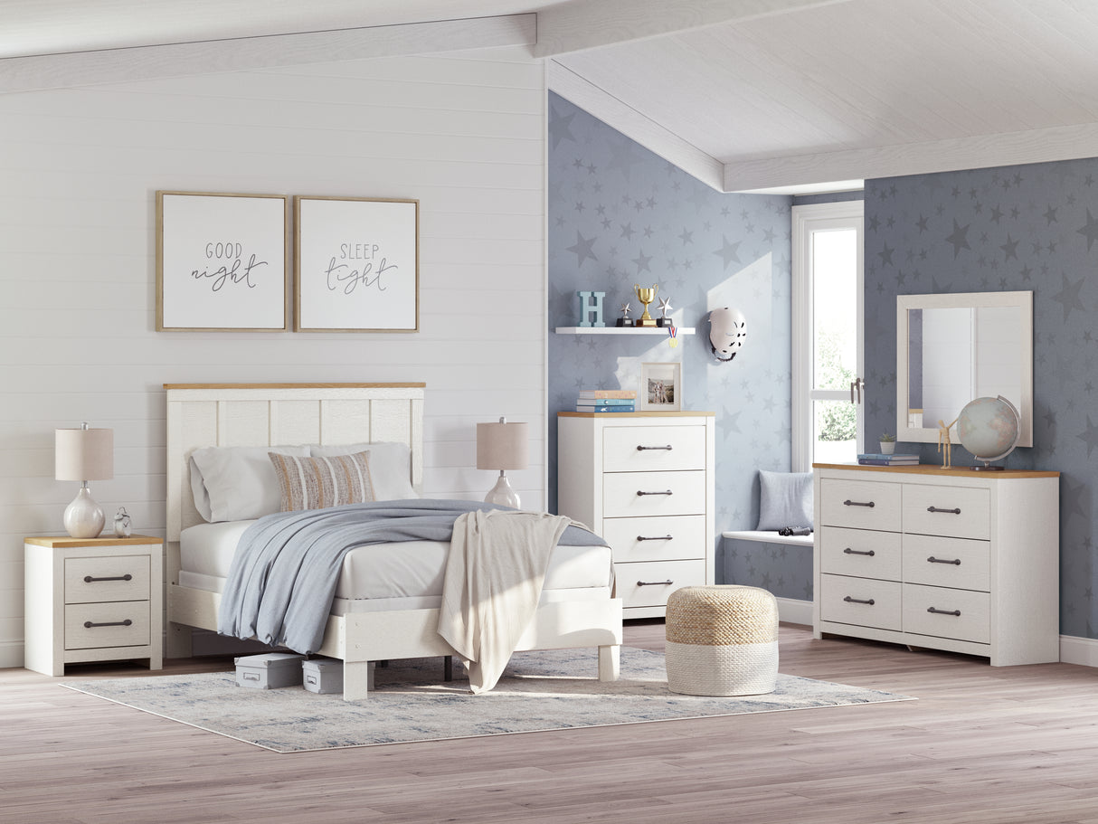 Linnocreek Queen Panel Bed with Mirrored Dresser, Chest and 2 Nightstands in White/Warm Brown from Ashley - Luna Furniture