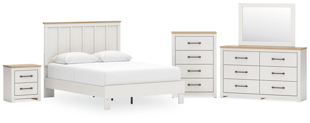 Linnocreek Queen Panel Bed with Mirrored Dresser, Chest and Nightstand in White/Warm Brown from Ashley - Luna Furniture