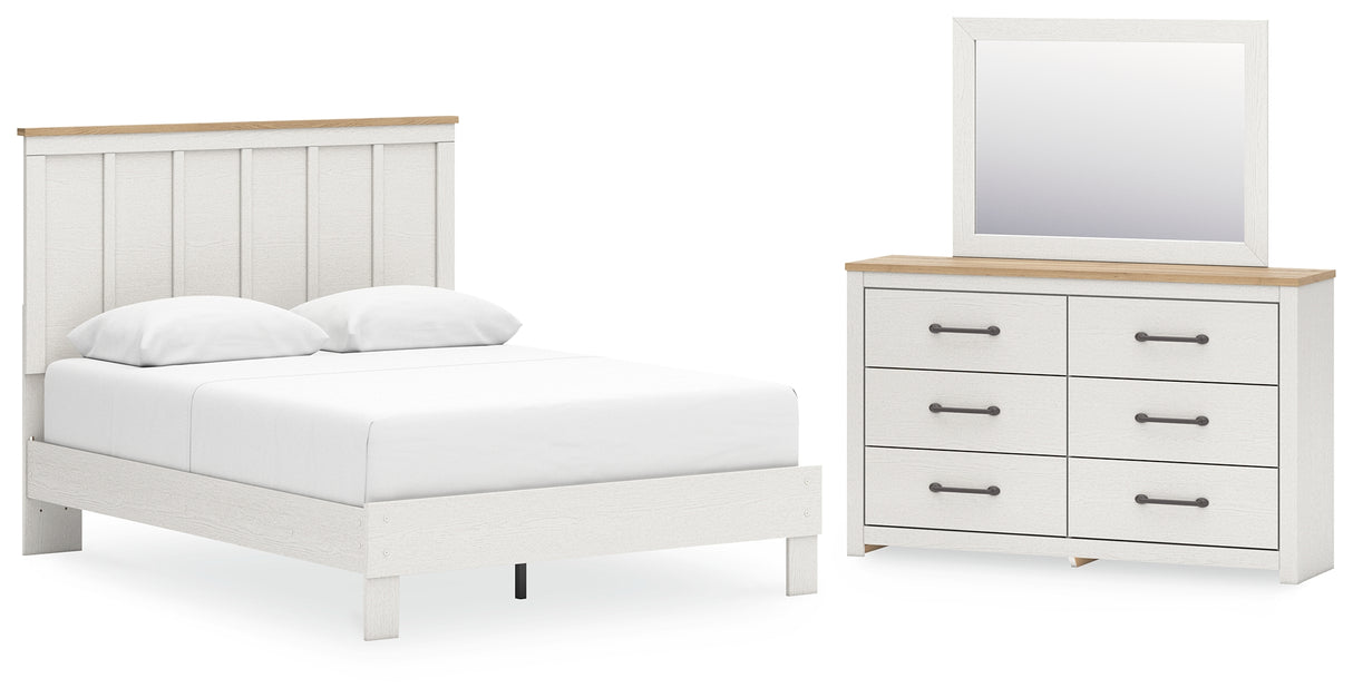 Linnocreek Queen Panel Bed with Mirrored Dresser in White/Warm Brown from Ashley - Luna Furniture