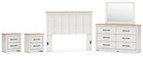 Linnocreek Queen Panel Headboard with Mirrored Dresser and 2 Nightstands in White/Warm Brown from Ashley - Luna Furniture