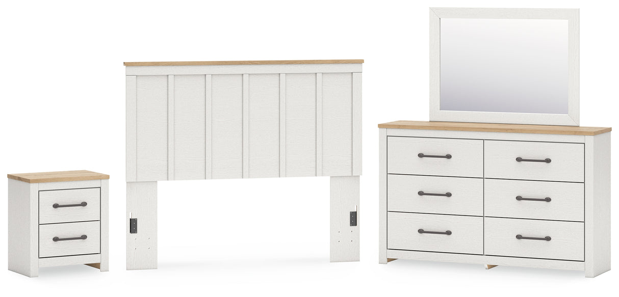 Linnocreek Queen Panel Headboard with Mirrored Dresser and Nightstand in White/Warm Brown from Ashley - Luna Furniture