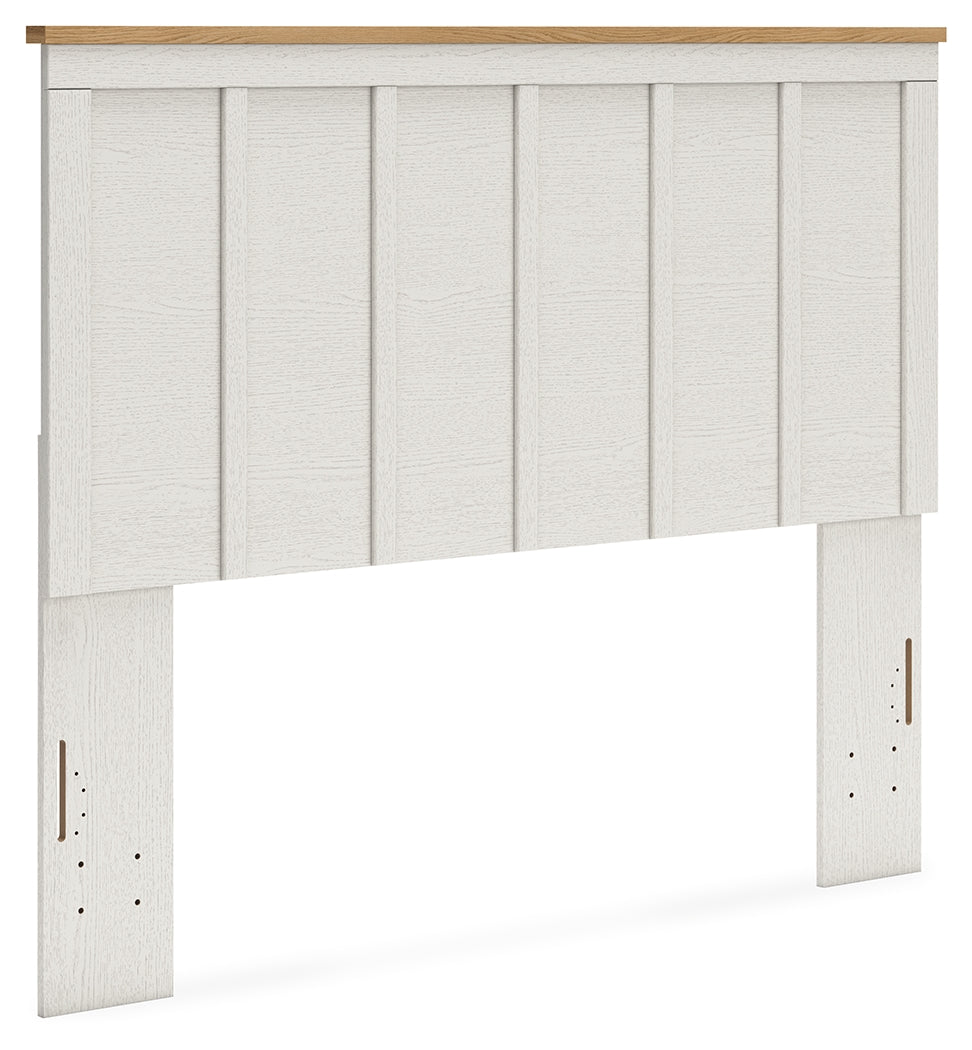 Linnocreek Queen Panel Headboard with Mirrored Dresser and Nightstand in White/Warm Brown from Ashley - Luna Furniture