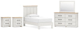 Linnocreek Twin Panel Bed with Mirrored Dresser and 2 Nightstands in White/Warm Brown from Ashley - Luna Furniture