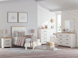 Linnocreek Twin Panel Bed with Mirrored Dresser and 2 Nightstands in White/Warm Brown from Ashley - Luna Furniture