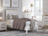 Linnocreek Twin Panel Bed with Mirrored Dresser and 2 Nightstands in White/Warm Brown from Ashley - Luna Furniture