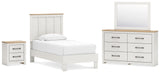 Linnocreek Twin Panel Bed with Mirrored Dresser and Nightstand in White/Warm Brown from Ashley - Luna Furniture