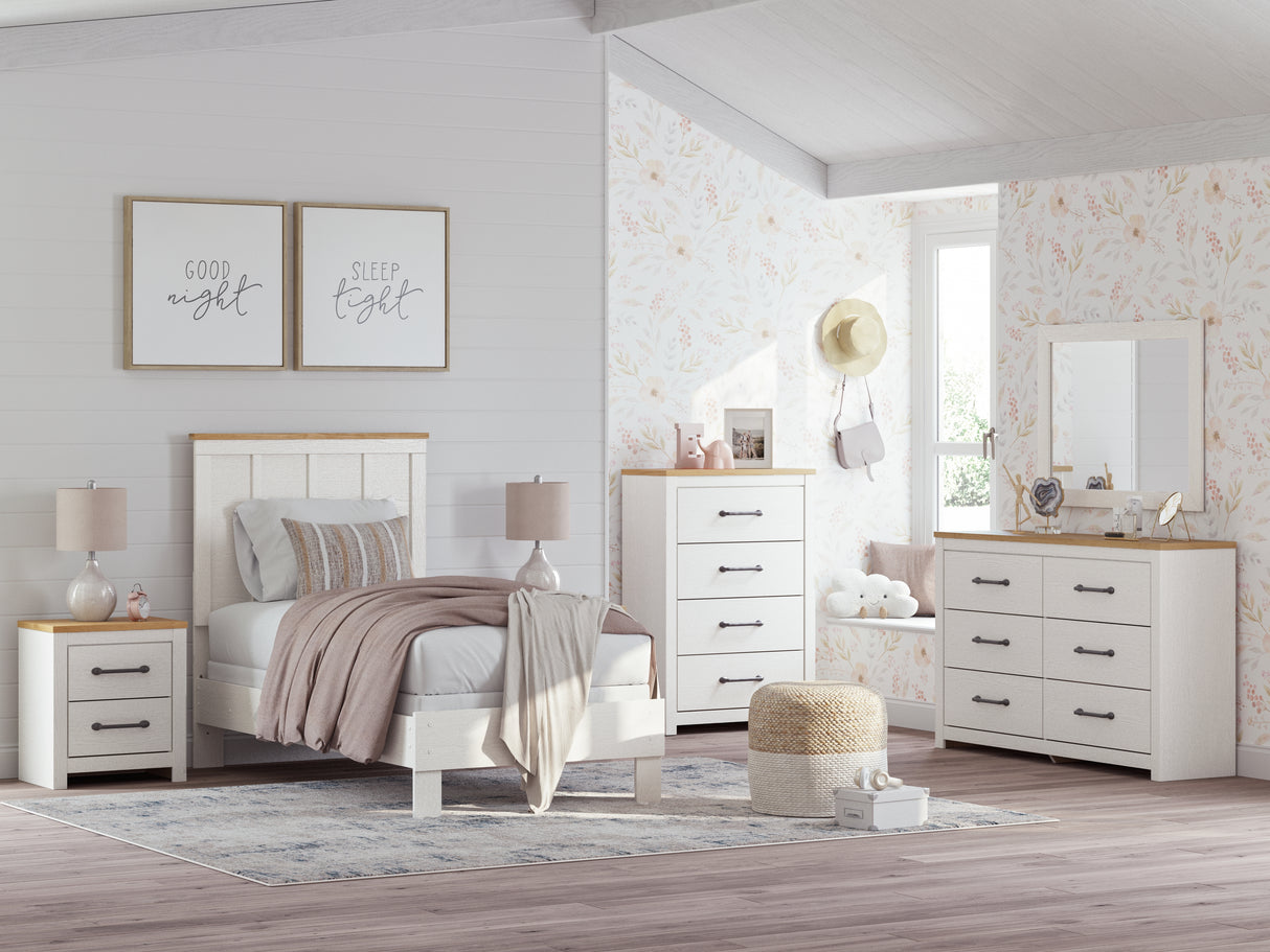 Linnocreek Twin Panel Bed with Mirrored Dresser and Nightstand in White/Warm Brown from Ashley - Luna Furniture