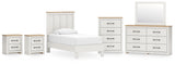 Linnocreek Twin Panel Bed with Mirrored Dresser, Chest and 2 Nightstands in White/Warm Brown from Ashley - Luna Furniture