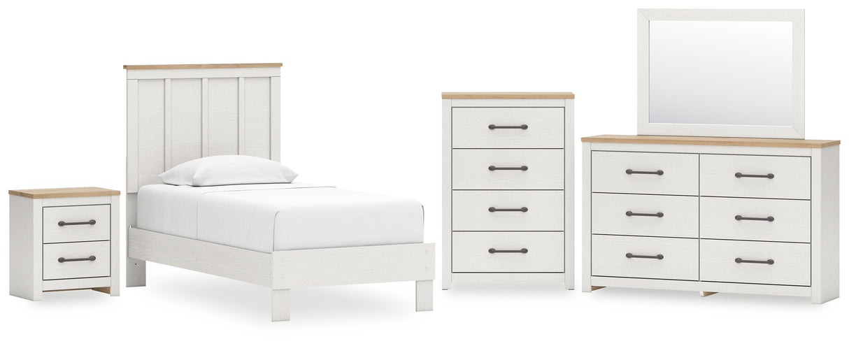 Linnocreek Twin Panel Bed with Mirrored Dresser, Chest and Nightstand in White/Warm Brown from Ashley - Luna Furniture