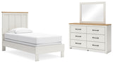 Linnocreek Twin Panel Bed with Mirrored Dresser in White/Warm Brown from Ashley - Luna Furniture