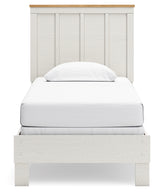 Linnocreek Twin Panel Bed with Mirrored Dresser in White/Warm Brown from Ashley - Luna Furniture