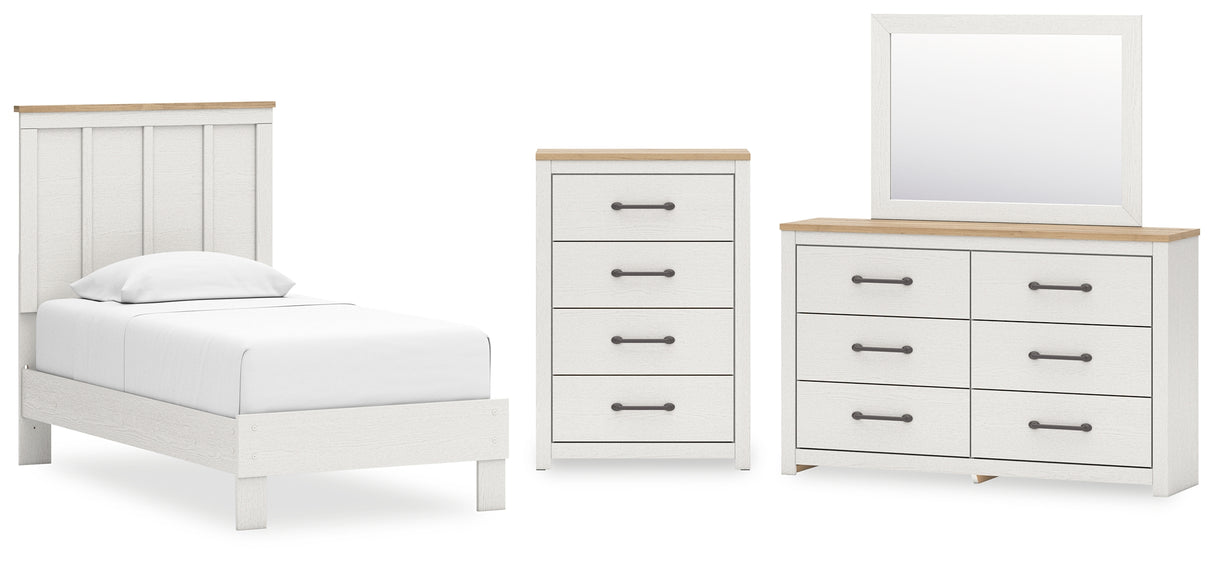 Linnocreek Twin Panel Bed with Storage with Mirrored Dresser and Chest in White/Warm Brown from Ashley - Luna Furniture