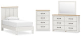 Linnocreek Twin Panel Bed with Storage with Mirrored Dresser and Chest in White/Warm Brown from Ashley - Luna Furniture