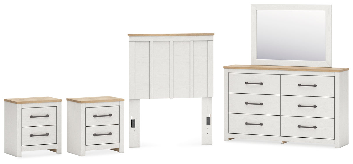 Linnocreek Twin Panel Headboard with Mirrored Dresser and 2 Nightstands in White/Warm Brown from Ashley - Luna Furniture