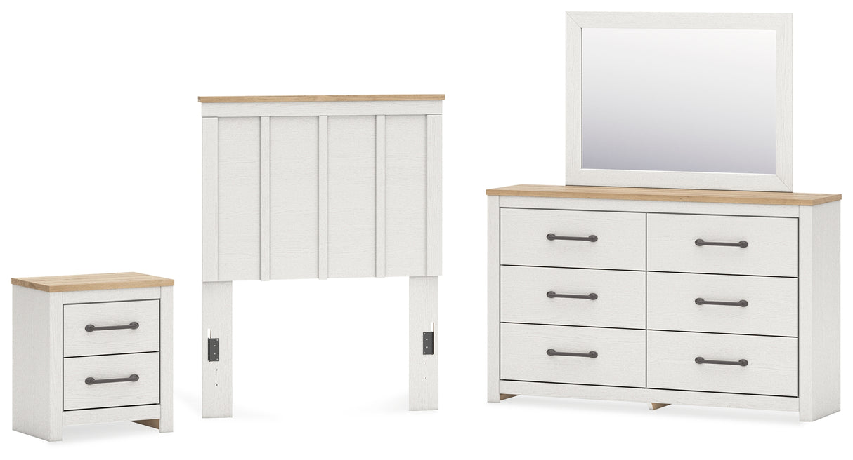 Linnocreek Twin Panel Headboard with Mirrored Dresser and Nightstand in White/Warm Brown from Ashley - Luna Furniture