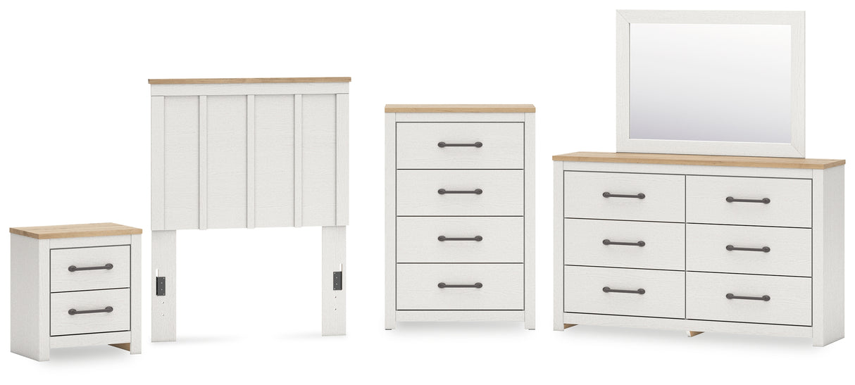 Linnocreek Twin Panel Headboard with Mirrored Dresser, Chest and Nightstand in White/Warm Brown from Ashley - Luna Furniture