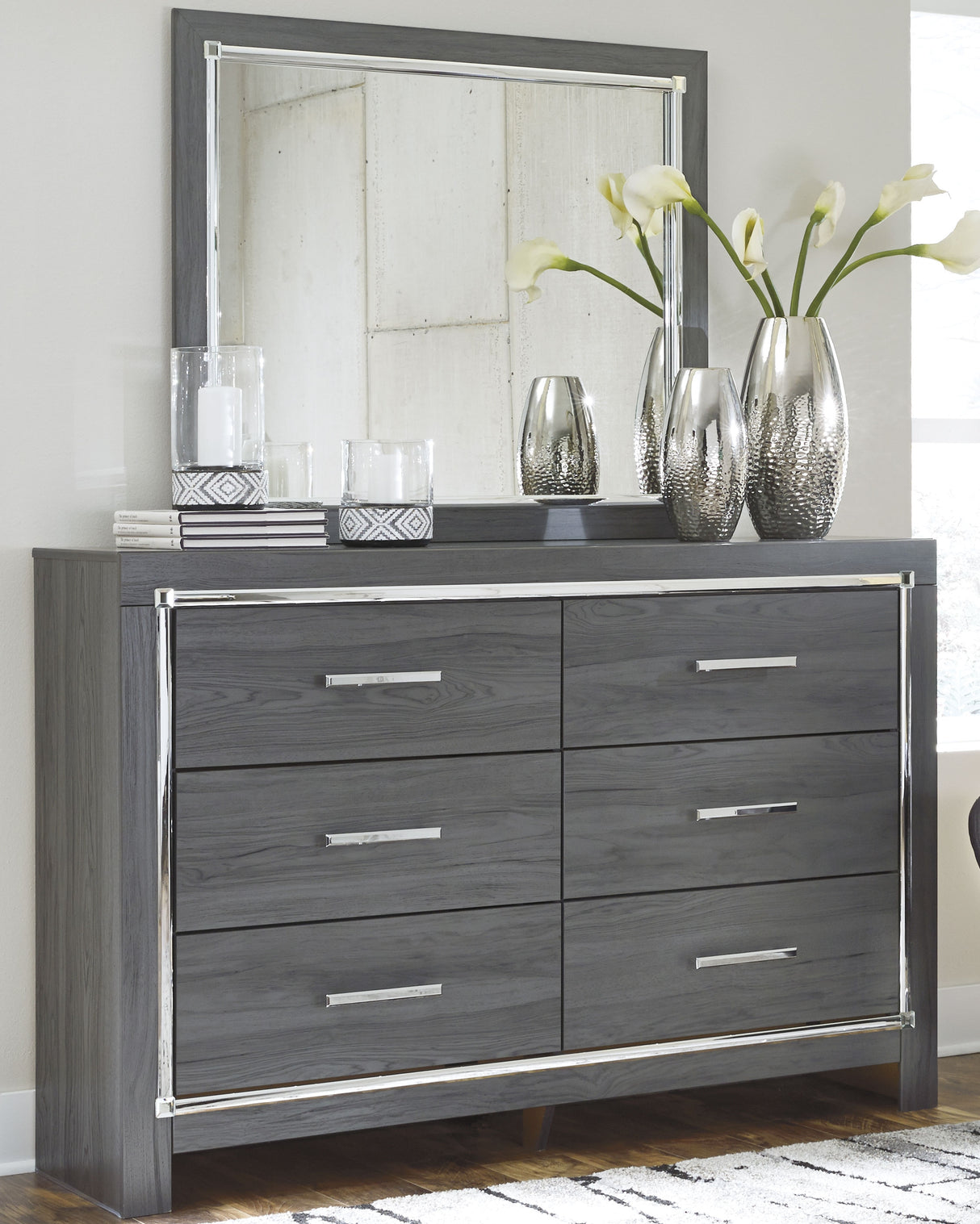 Lodanna Full Panel Bed with 2 Storage Drawers with Mirrored Dresser and 2 Nightstands in Gray from Ashley - Luna Furniture