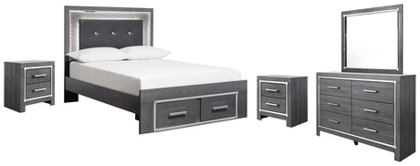 Lodanna Full Panel Bed with 2 Storage Drawers with Mirrored Dresser and 2 Nightstands in Gray - PKG003614