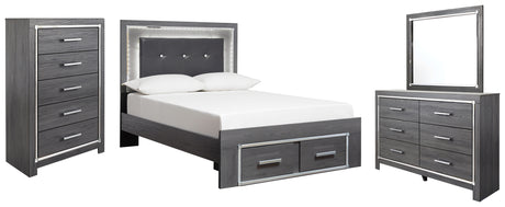 Lodanna Full Panel Bed with 2 Storage Drawers with Mirrored Dresser and Chest in Gray from Ashley - Luna Furniture