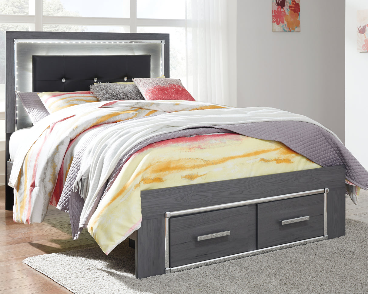 Lodanna Full Panel Bed with 2 Storage Drawers with Mirrored Dresser and Chest in Gray - PKG003615