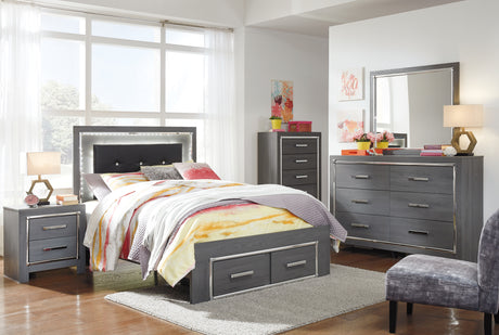 Lodanna Full Panel Bed with 2 Storage Drawers with Mirrored Dresser, Chest and 2 Nightstands in Gray - PKG003617