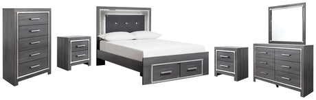 Lodanna Full Panel Bed with 2 Storage Drawers with Mirrored Dresser, Chest and 2 Nightstands in Gray - PKG003617