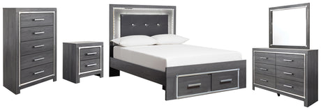 Lodanna Full Panel Bed with 2 Storage Drawers with Mirrored Dresser, Chest and Nightstand in Gray - PKG003616