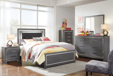 Lodanna Full Panel Bed with Mirrored Dresser, Chest and 2 Nightstands in Gray - PKG003611