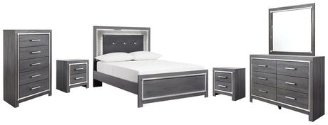 Lodanna Full Panel Bed with Mirrored Dresser, Chest and 2 Nightstands in Gray - PKG003611