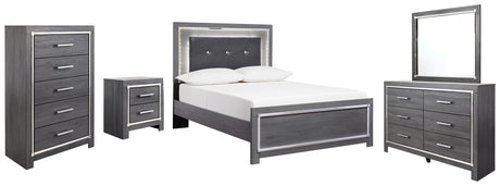 Lodanna Full Panel Bed with Mirrored Dresser, Chest and Nightstand in Gray - PKG003610