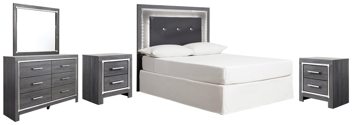 Lodanna Full Upholstered Panel Headboard Bed with Mirrored Dresser and 2 Nightstands in Gray - PKG003734