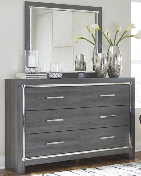 Lodanna Full Upholstered Panel Headboard Bed with Mirrored Dresser and Chest in Gray from Ashley - Luna Furniture