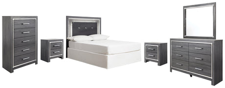 Lodanna Full Upholstered Panel Headboard Bed with Mirrored Dresser, Chest and 2 Nightstands in Gray from Ashley - Luna Furniture