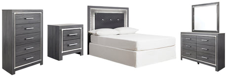 Lodanna Full Upholstered Panel Headboard Bed with Mirrored Dresser, Chest and Nightstand in Gray from Ashley - Luna Furniture